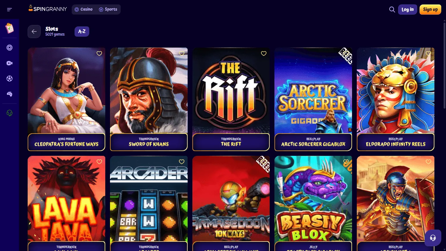 Spingranny Casino desktop games interface with casino categories