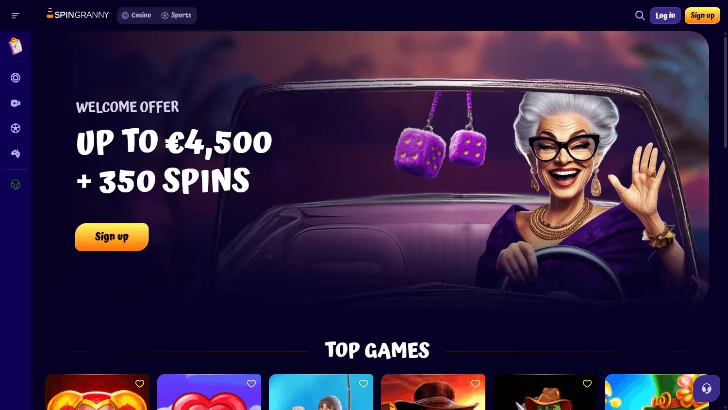 Spingranny Casino desktop home interface with casino and sportsbook access