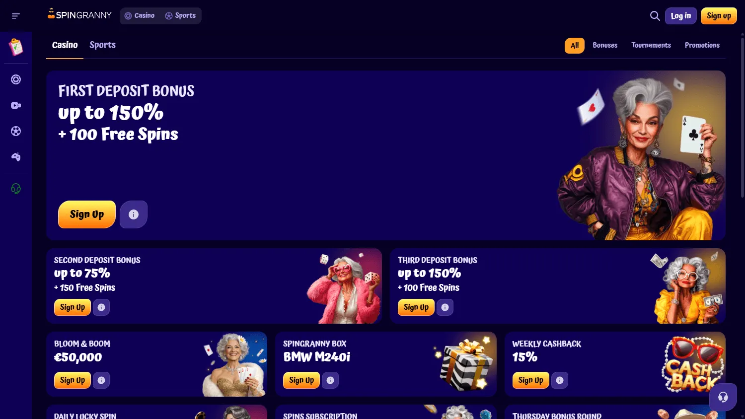 Spingranny Casino desktop promotions area with bonus offers