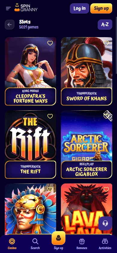 Spingranny Casino mobile games interface with casino categories