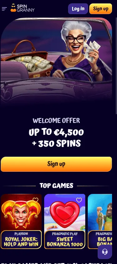 Spingranny Casino mobile home interface on a smartphone