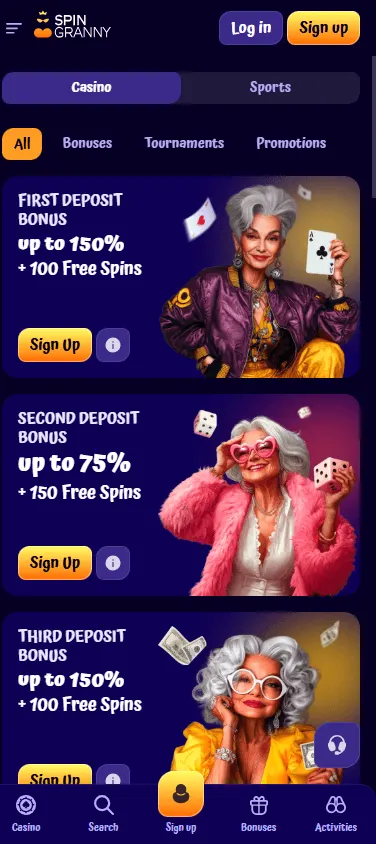 Spingranny Casino mobile promotions area with bonus offers